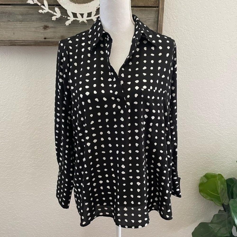 Nordstrom Pleione black white polka dot popover blouse S NWT